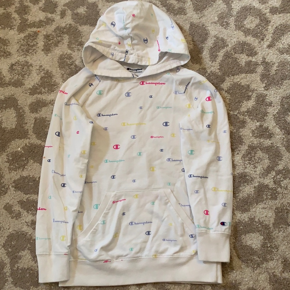 Youth Large Champion thin hoodie. White with multicolored logos. Pocket front.